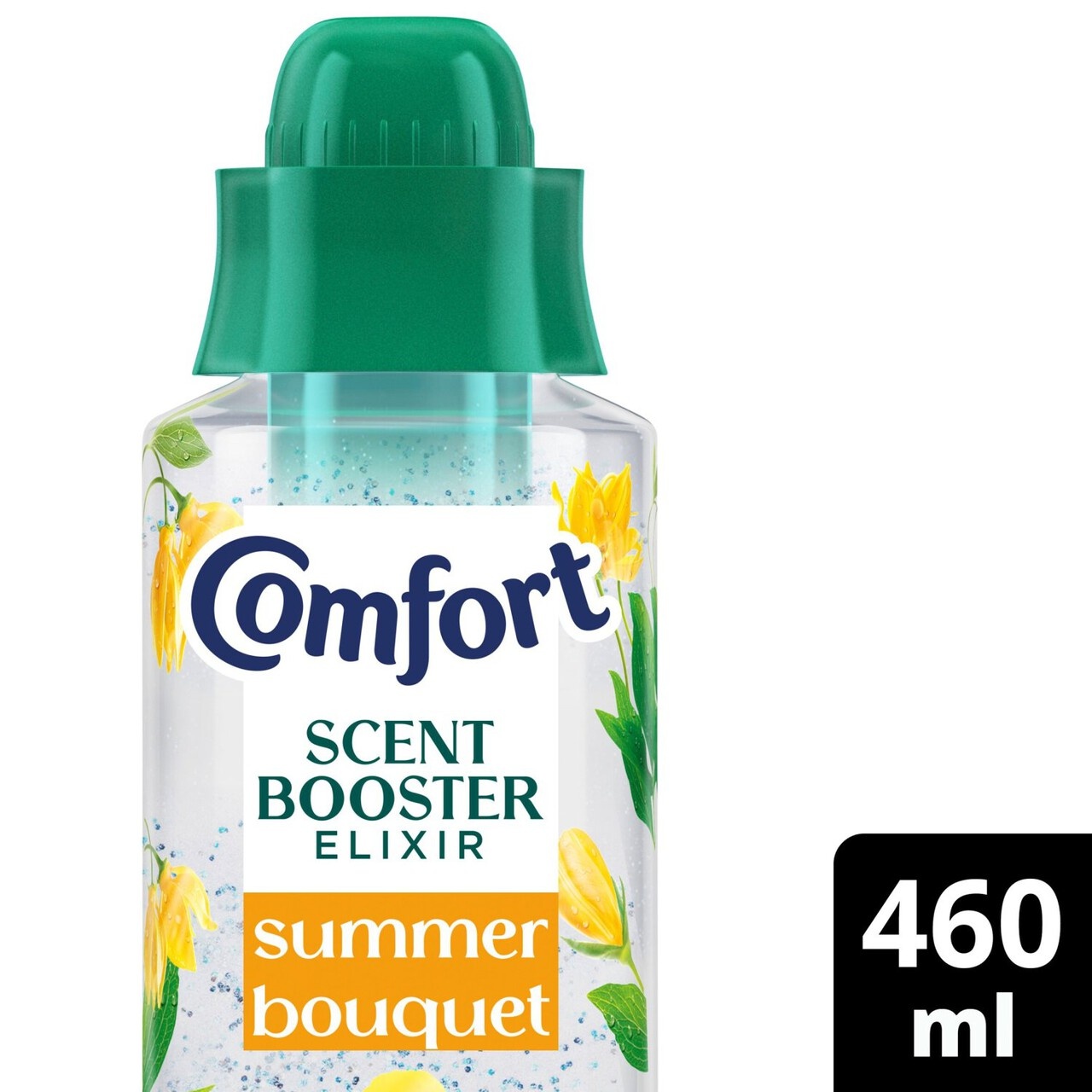 Clear plastic bottle with a green cap, featuring yellow flowers and green leaves, labeled "Comfort Scent Booster Elixir Summer Bouquet," containing 460 ml of liquid.