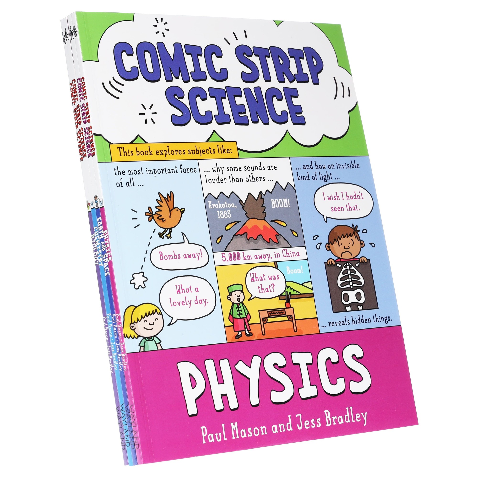 Four colorful comic books titled "Comic Strip Science" in a collection set, featuring vibrant covers with illustrations and titles for Biology, Physics, Earth and Space, and Chemistry.
