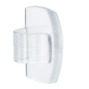 Clear plastic outdoor light clips with a curved design, featuring foam strips for easy adhesion, packaged with 8 clips and 10 strips for versatile use.