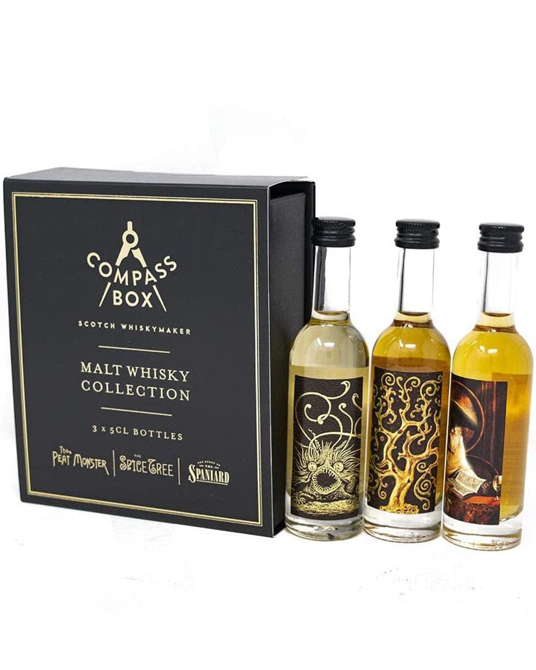 Three 5cl bottles of Compass Box Malt Whisky Collection in a black box, featuring ornate labels with gold accents and illustrations, showcasing distinct whisky colors.
