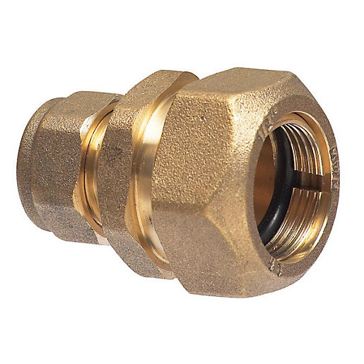 Brass leadline compression coupling, featuring a hexagonal shape, threaded ends, and a black rubber O-ring, designed for 1/2" x 15mm connections, weighing 7lbs.