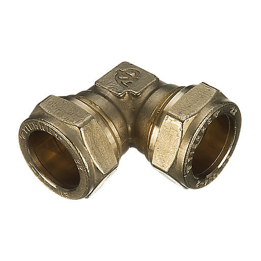 Brass compression 90-degree elbow fitting, 42mm size, featuring hexagonal nuts on both ends for secure connections, with a smooth, metallic finish.