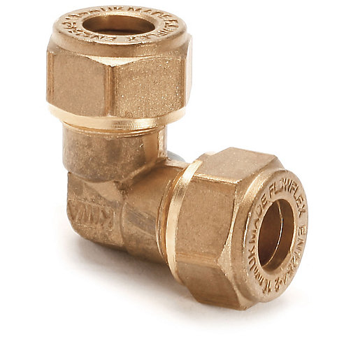 Brass compression 90-degree elbow fitting, 54mm size, featuring hexagonal ends and engraved brand details for secure connections in plumbing applications.