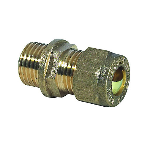 Brass compression coupling, 6mm x 8mm, featuring threaded ends and a smooth finish, designed for secure plumbing connections.