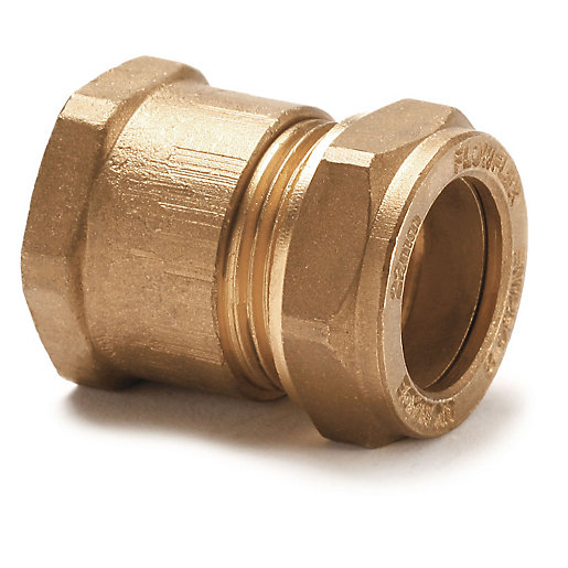 Brass compression adaptor with a female end, measuring 35mm x 1 1/4", featuring a textured surface and engraved brand name "Flowflex" for secure fittings.