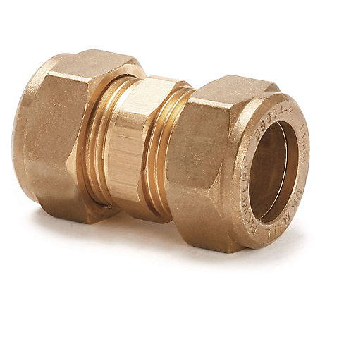 Brass compression straight coupling, 42mm size, featuring hexagonal ends and a smooth central section for secure pipe connections.