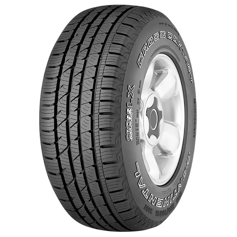 Black tire with a tread pattern designed for performance, featuring white lettering "Continental CrossContact LX Sport" and a silver alloy wheel visible in the background.