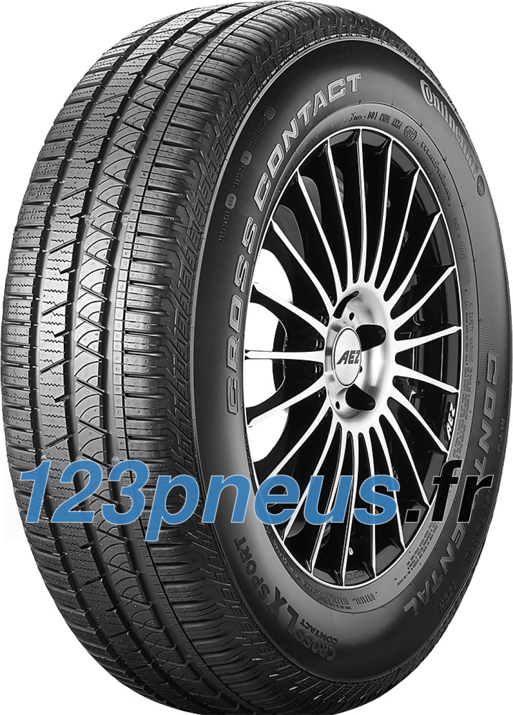 Black tire with a sleek tread pattern, labeled "Continental CrossContact LX Sport," featuring a shiny alloy wheel and a kerbing rib for enhanced durability.