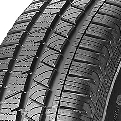 Black rubber tire with a tread pattern designed for performance, labeled "Continental CrossContact LX Sport 265/45 R20 104H EVc," showcasing deep grooves for traction.