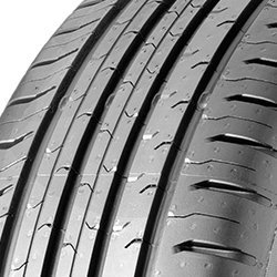 Black rubber tire with a tread pattern featuring wide grooves and sipes, labeled "Continental ContiEcoContact 5" with specifications "215/65 R17 99V MO."
