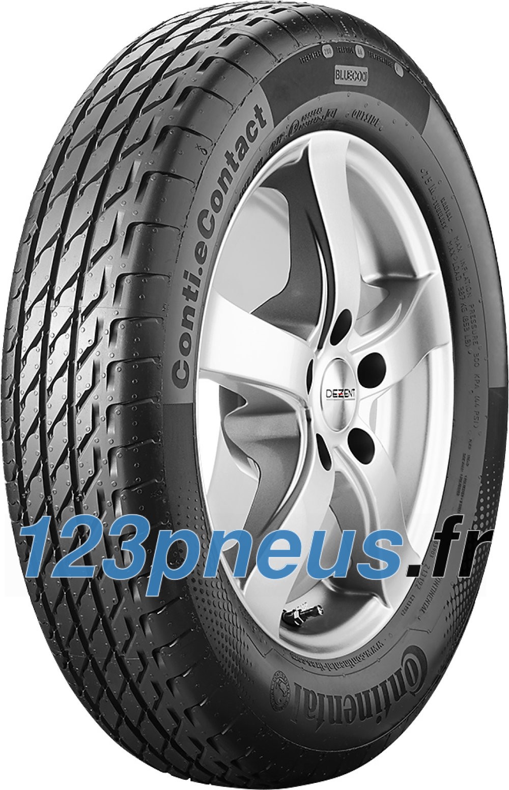 Black rubber tire with a tread pattern designed for electric vehicles, featuring a silver alloy wheel with five spokes, labeled "Conti.eContact" and "Continental."