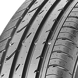 Black rubber tire with a tread pattern featuring grooves and sipes, labeled "Continental ContiPremiumContact 2 225/55 R16 95Y AO."
