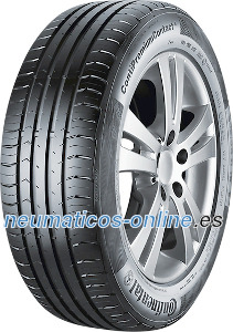 Black rubber tire with a sleek tread pattern, labeled "ContiPremiumContact 5," size 215/55 R17 94V, mounted on a silver alloy wheel.