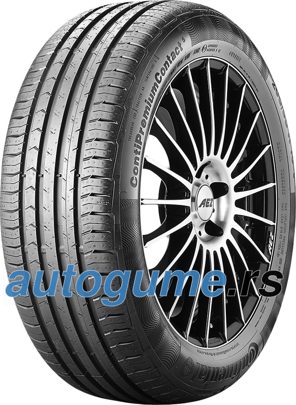 Black tire with a sleek tread pattern, featuring the Continental ContiPremiumContact 5 branding, mounted on a shiny alloy wheel with multiple spokes.