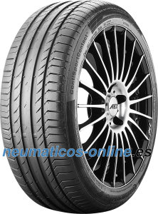 Black high-performance tire with a sleek tread pattern, labeled "Conti-SportContact 5 FR XL AO," mounted on a shiny alloy wheel featuring multiple spokes.