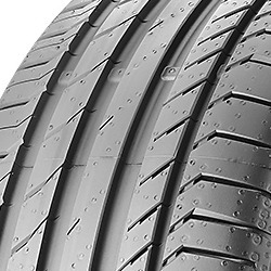 Black rubber tire with a smooth surface and deep tread patterns, labeled "Continental ContiSportContact 5," size 255/40 R20, featuring a kerbing rib for enhanced durability.