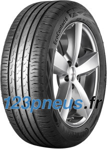 Black rubber tire with a tread pattern designed for efficiency, labeled "EcoContact 6," size 155/70 R19 84Q EVc, alongside a silver alloy wheel with five spokes.
