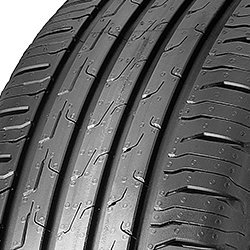 Black rubber tire with a smooth tread pattern, featuring multiple grooves and sipes, labeled "Continental EcoContact 6" with specifications for size and performance.