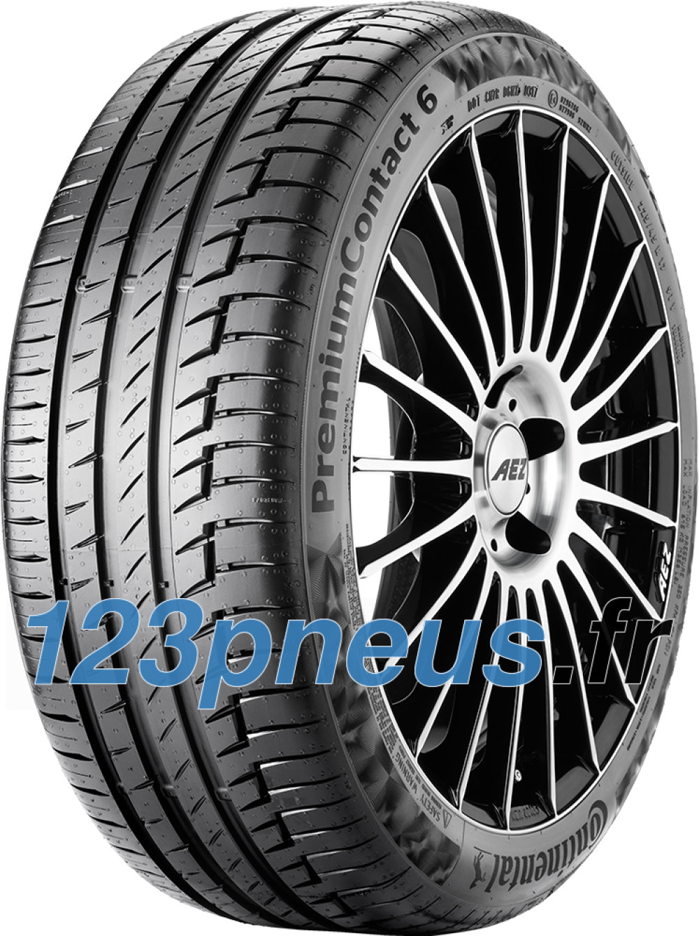 Black rubber tire with a sleek tread pattern, featuring the "PremiumContact 6" branding and a shiny alloy wheel design, showcasing a modern and sporty appearance.