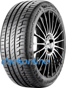 Black summer tyre with a sleek tread pattern, labeled "PremiumContact 6" and "Continental," featuring a shiny alloy wheel design and size 255/45 R21 105V.