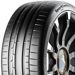 Black high-performance tire featuring a sleek tread pattern, labeled "SportContact 6," with a kerbing rib and a sidewall logo, designed for 275/25 ZR21 size and XL EVc specifications.