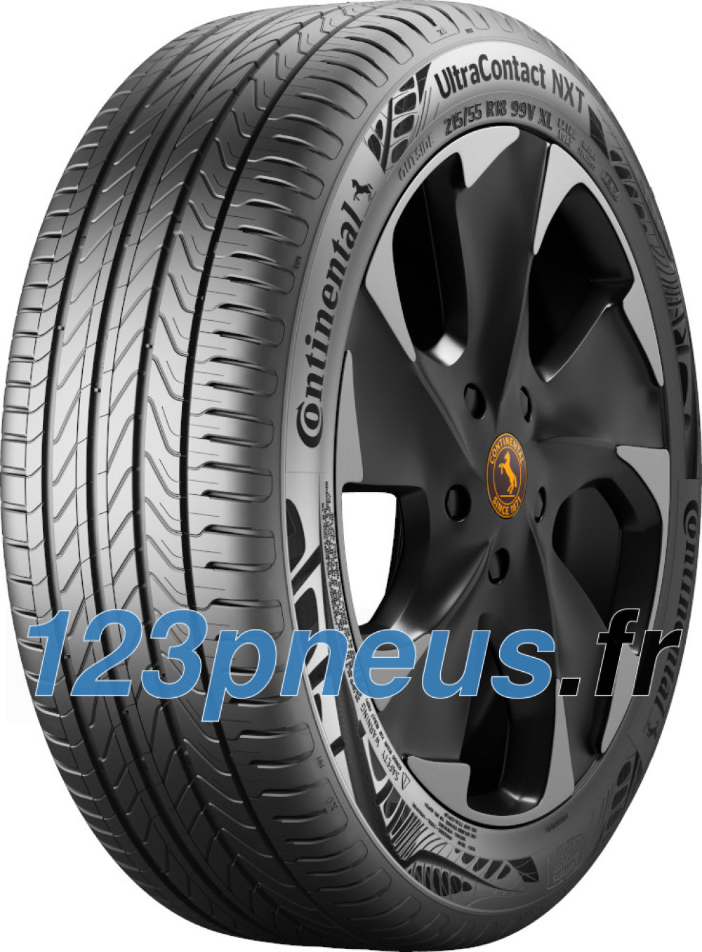 Black tire with a sleek design, featuring the Continental logo, labeled "UltraContact NXT," and specifications including 255/45 R19 104Y XL CRM, designed for electric vehicles with a kerbing rib.