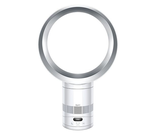Dyson CF1 Cool AM12 cooling fan in white and silver, featuring a sleek, circular design with a smooth finish and control buttons on the base for easy operation.