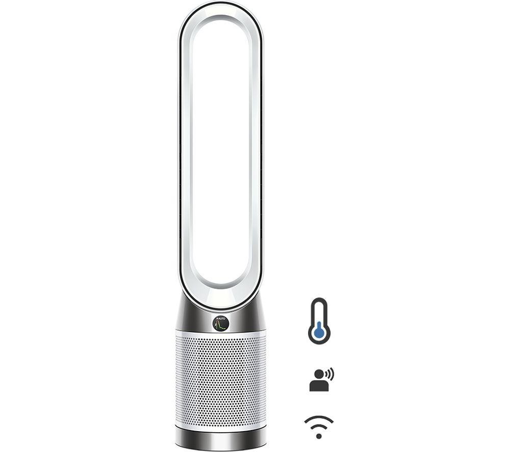 Dyson TP11 Purifier Cool PC1 in white features a sleek, modern design with a circular air outlet, a silver base, and indicators for temperature and Wi-Fi connectivity.