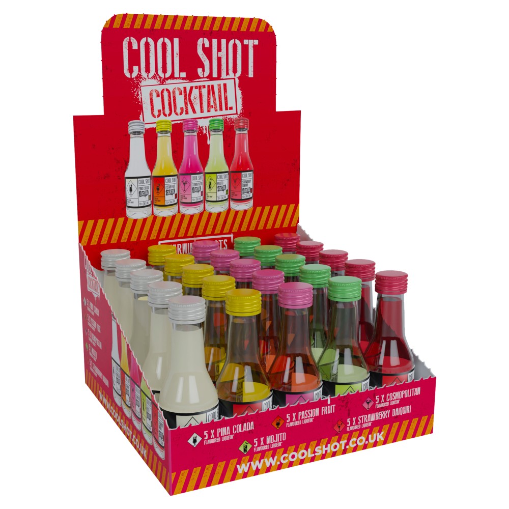 Display box containing 25 colorful 20ml bottles of Cool Shot Cocktails, featuring flavors like Pina Colada, Passion Fruit, and Strawberry Daiquiri, arranged in a vibrant red and yellow design.