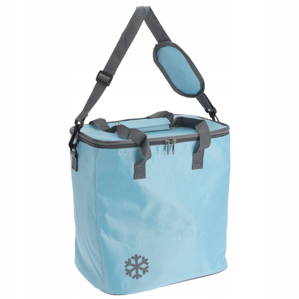 Light blue insulated cooler bag with a gray strap, featuring a snowflake logo, zippered top, and sturdy handles, designed for carrying up to 18 liters.