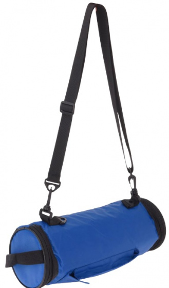 Compact blue foldable cooler bag designed for a 1.2-liter bottle, featuring a durable material, adjustable shoulder strap, and a zippered compartment for easy access.