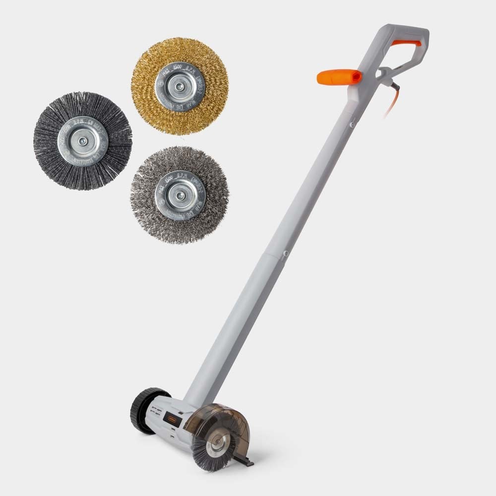 Corded weed remover in grey with a long handle, featuring three interchangeable brush heads: gold, silver, and black bristles for effective weed removal.