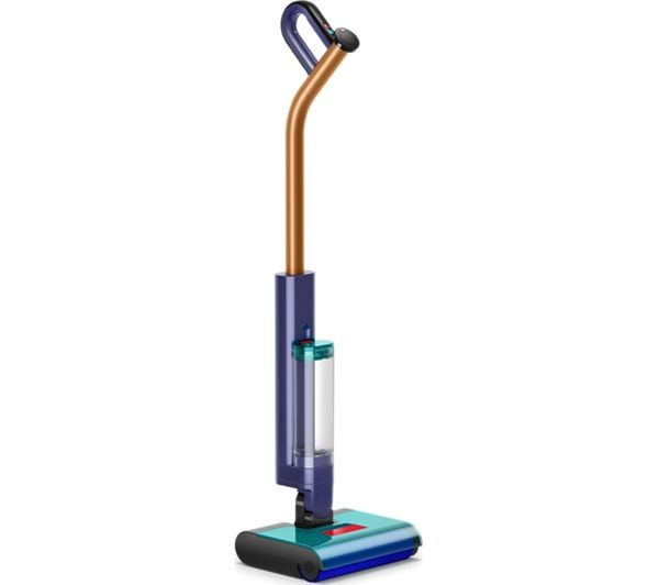 Cordless hard floor cleaner in gold and blue, featuring a clear water tank, ergonomic handle, and a sleek design, offering 45 minutes of run time for efficient cleaning.