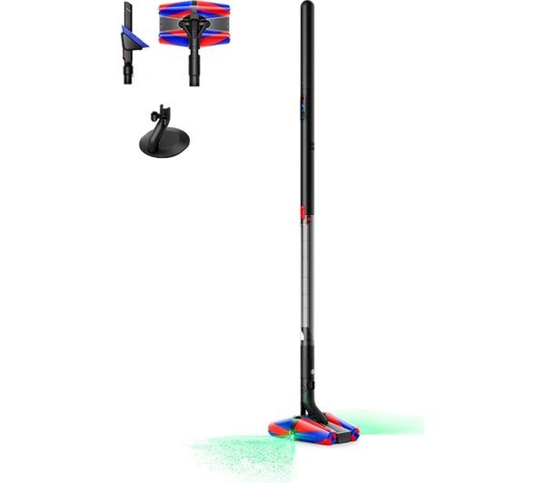 Dyson PencilVac Fluffycones cordless vacuum cleaner in matte black with colorful cleaning head, attachments, and a sleek, lightweight design for 30 minutes of run time.