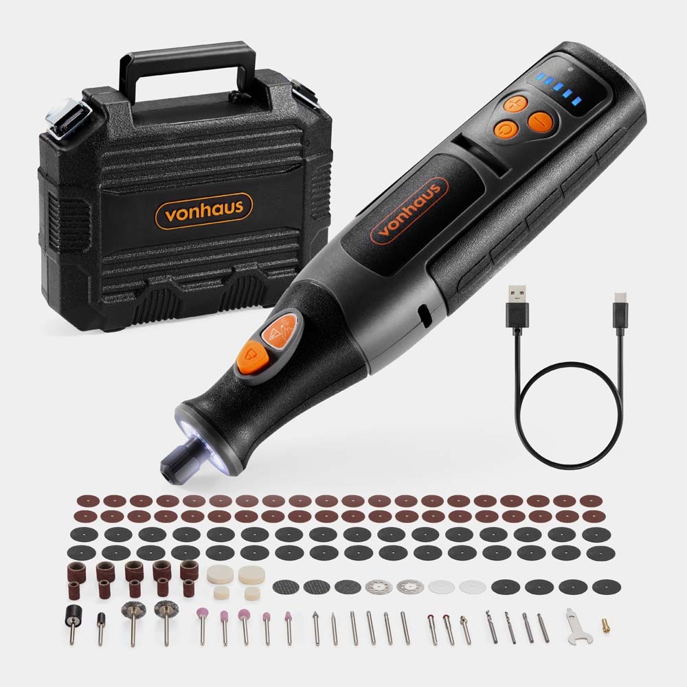 Cordless rotary tool in black with orange accents, featuring control buttons and LED indicators, accompanied by a black carry case, USB charging cable, and various attachments.