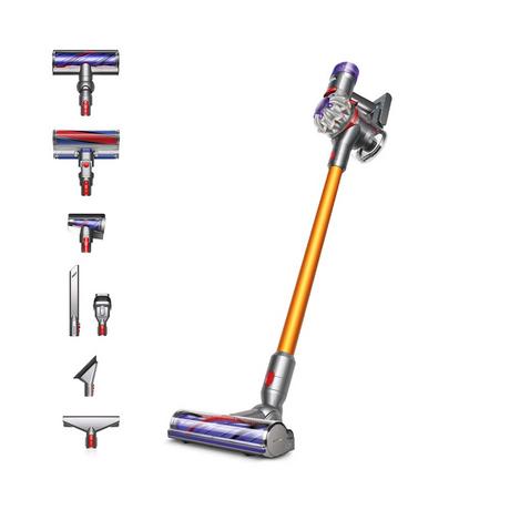 Dyson V8 Absolute-2023 cordless stick vacuum cleaner in silver and yellow, featuring a sleek design, multiple attachments, and a powerful motor for efficient cleaning.