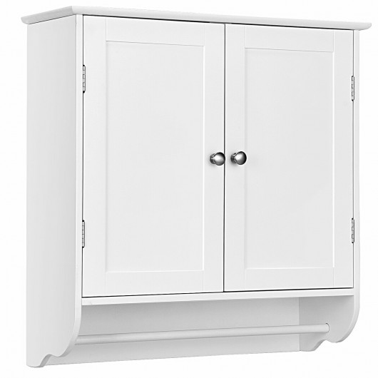White wall-mounted medicine cabinet with two doors, featuring a sleek design, a towel bar at the bottom, and a smooth finish, ideal for bathroom storage.