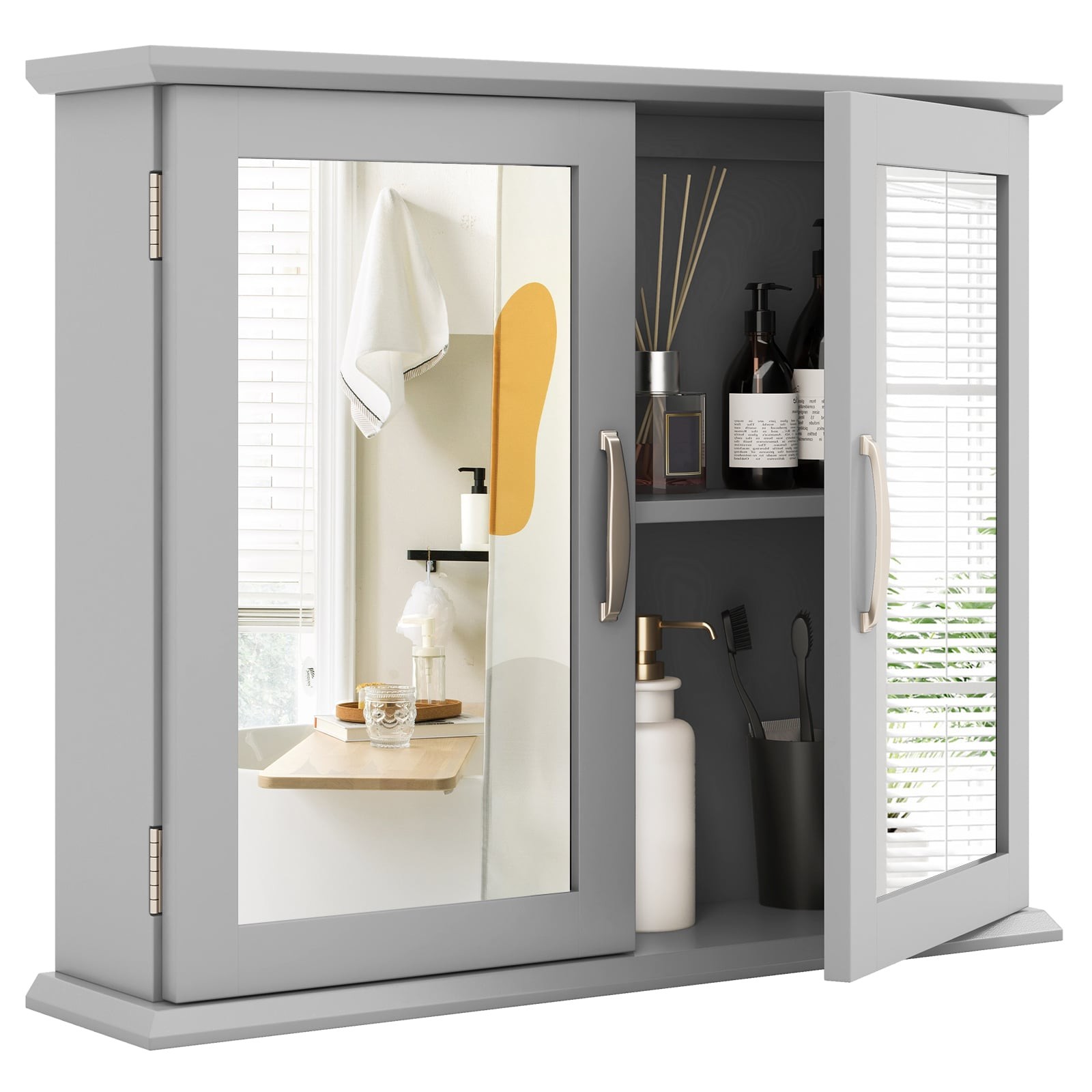 Grey wall-mounted bathroom mirror cabinet featuring two mirrored doors, interior shelves, and a sleek design, ideal for organizing bathroom essentials.