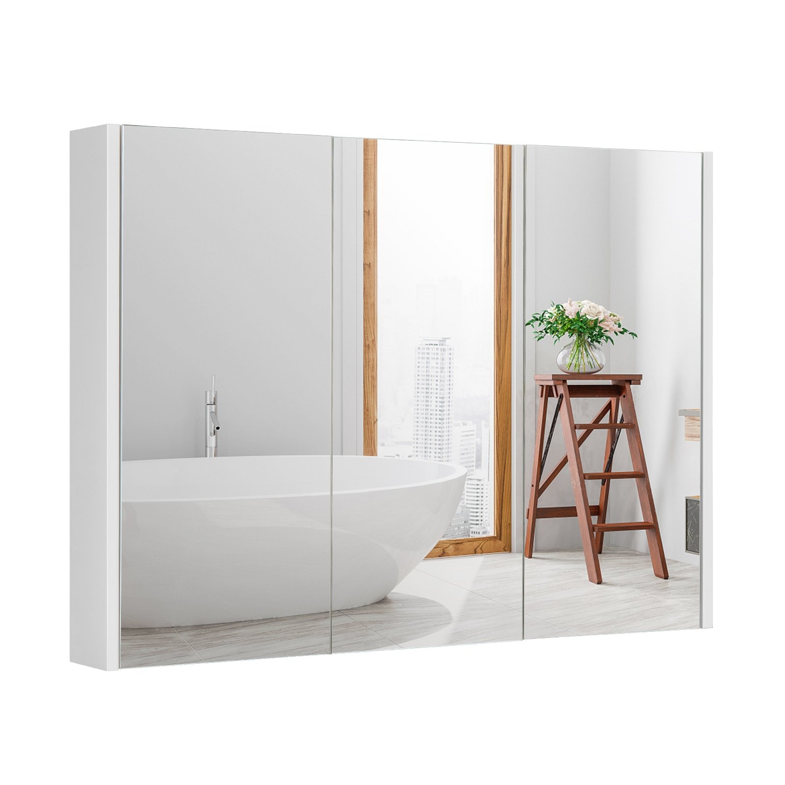 Frameless white wall-mounted medicine cabinet featuring a mirrored front, sleek design, and spacious interior, set against a modern bathroom backdrop with a freestanding tub and wooden stool.