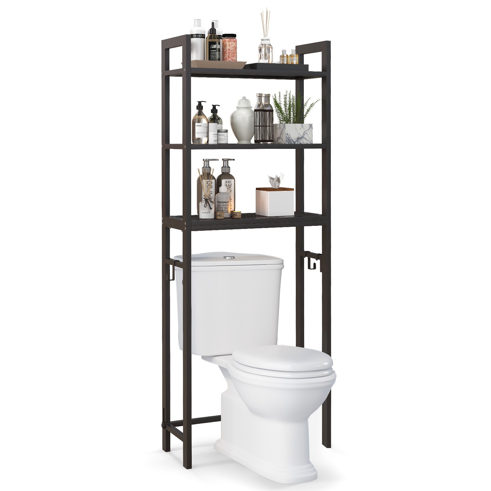 Over-the-toilet storage shelf in brown, featuring sturdy metal frame, three wooden shelves, anti-tipping device, and hooks for added organization.