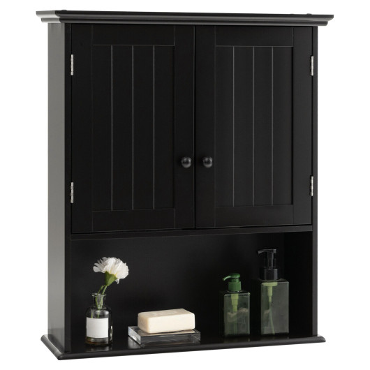 Black 2-door wall mount bathroom storage cabinet featuring a slatted design, open shelf for toiletries, and a sleek, modern finish.