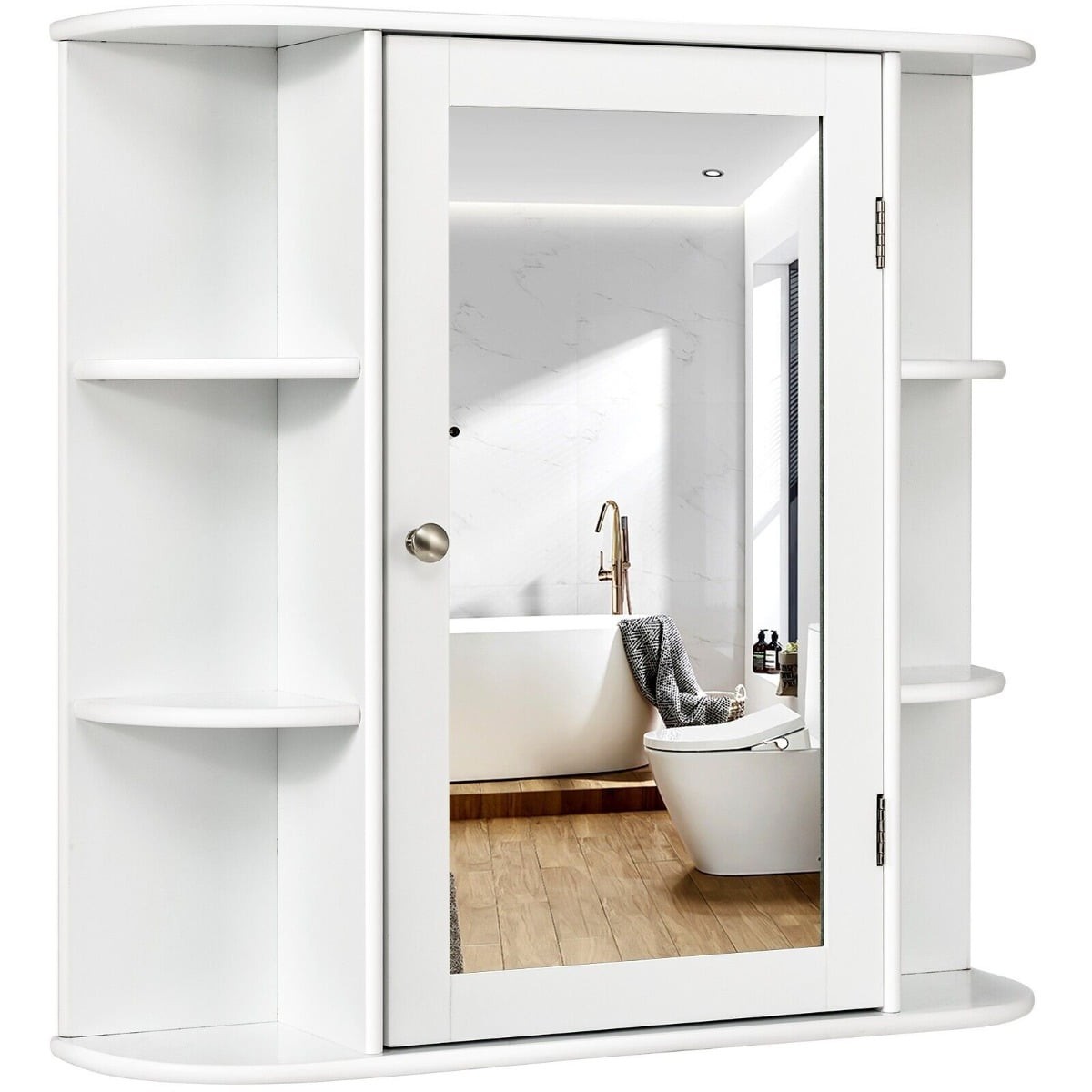 White 3-tier wall-mounted bathroom cabinet featuring a central mirrored door and open shelves on either side, designed for stylish storage and organization.