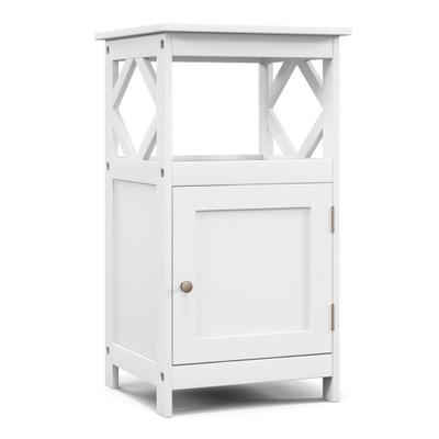 White wooden bathroom floor cabinet featuring an open compartment, a single door with a round knob, and decorative cross patterns on the sides.