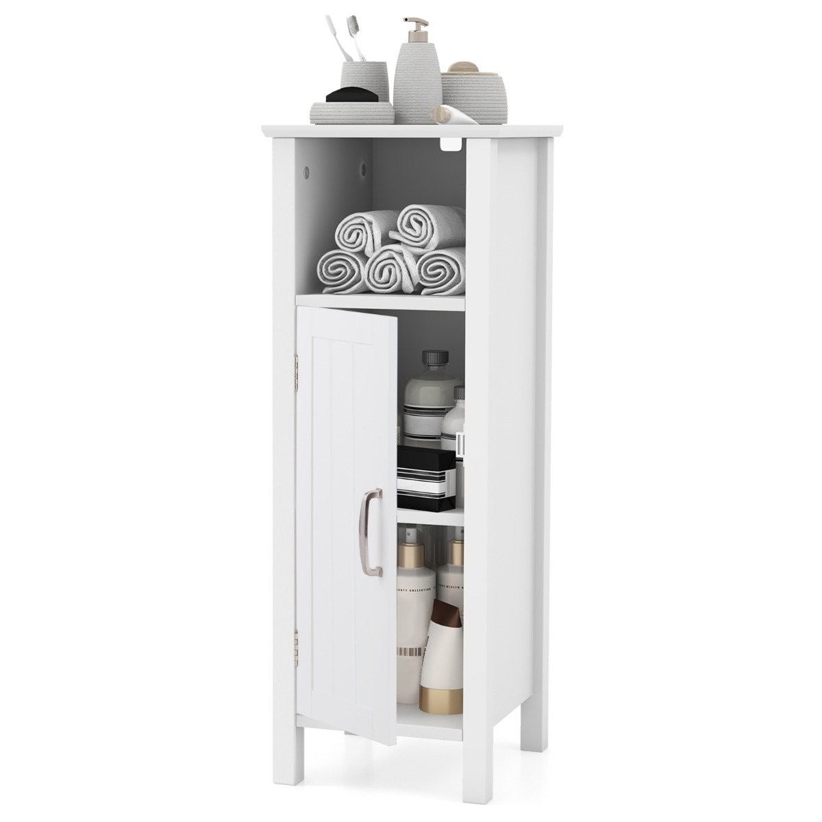 Freestanding white bathroom storage organizer with a door, adjustable shelf, and neatly stacked towels, featuring a sleek design and modern aesthetic.