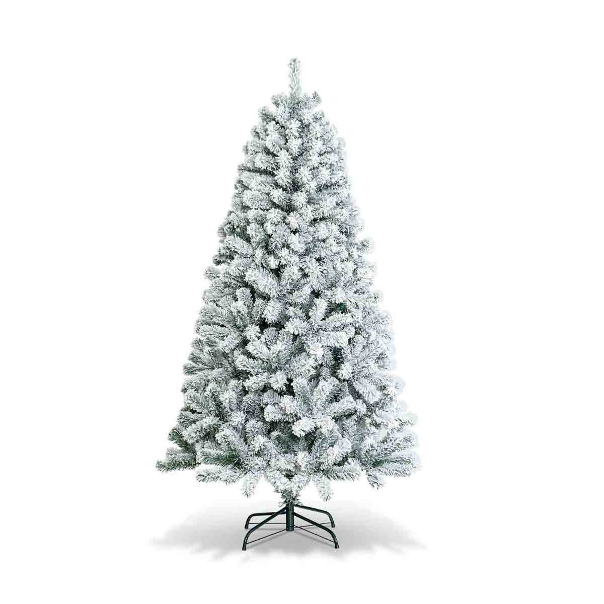 Snow-flocked artificial Christmas tree, 6 feet tall, featuring 600/1010 tips, with a lush white appearance and a sturdy green metal stand.