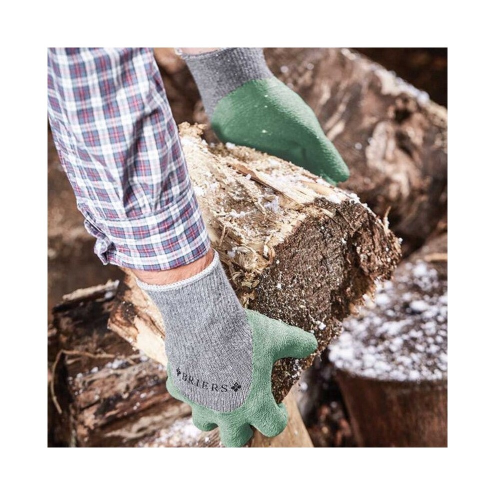 Green and gray gardening gloves with a textured grip, featuring a snug fit and water-resistant material, being used to lift logs.
