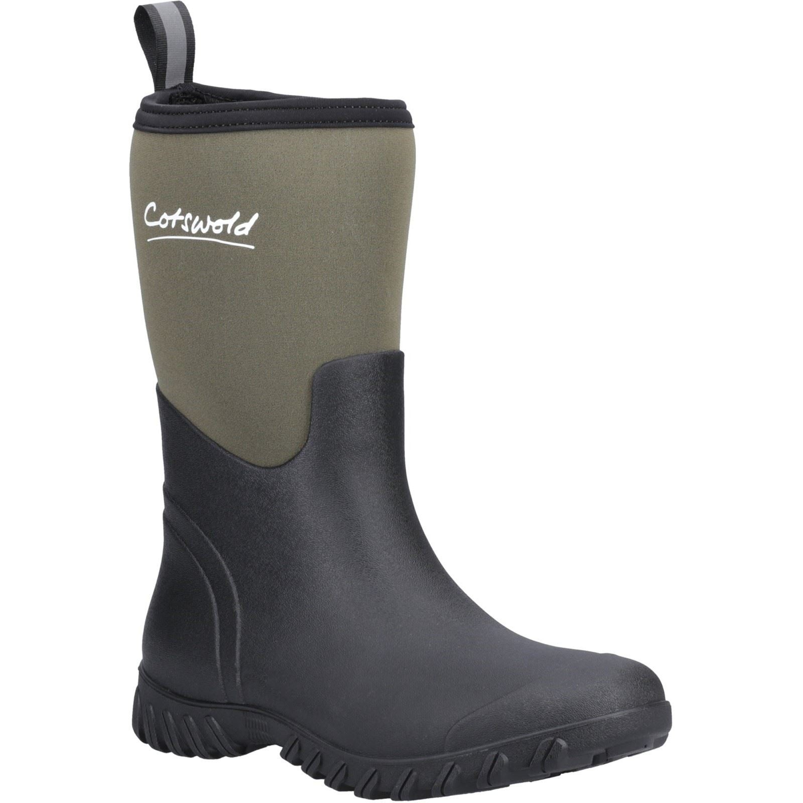 Green rubber Wellington boots with a black sole, featuring a comfortable fit and a pull tab for easy wear, branded with "Cotswold" on the side.