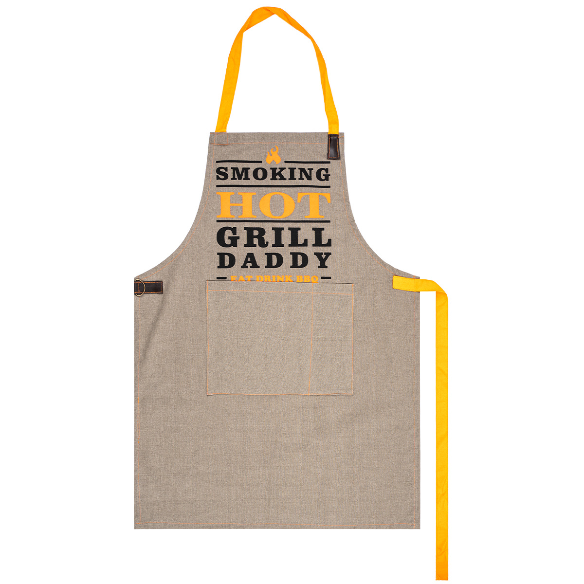 Beige apron with a large front pocket, featuring bold black and yellow text that reads "SMOKING HOT GRILL DADDY," and yellow ties for a secure fit.