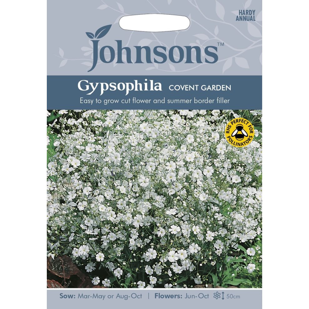 Johnsons Seeds pack featuring Gypsophila Covent Garden, with a white floral image, easy-to-grow instructions, and details on sowing and flowering times.