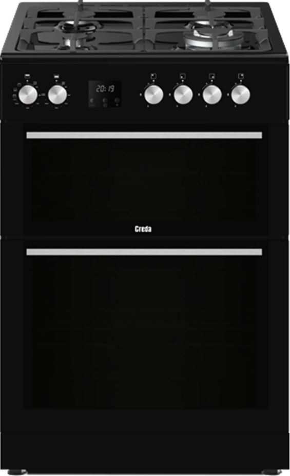 Black freestanding dual-fuel cooker with four gas burners, digital display, and two oven compartments featuring stainless steel accents and control knobs.